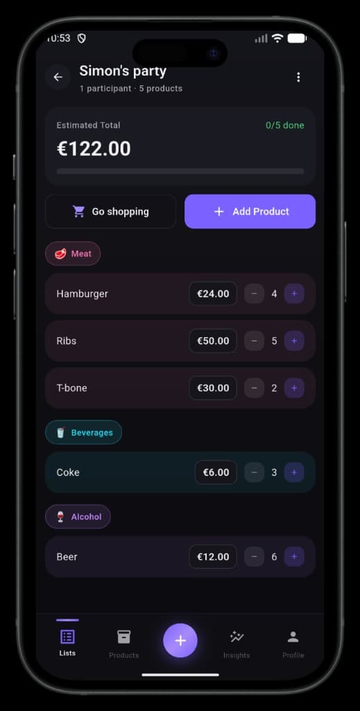 mySpesa list detail with categorized products and totals