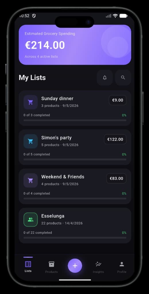 mySpesa My Lists overview with estimated grocery spending