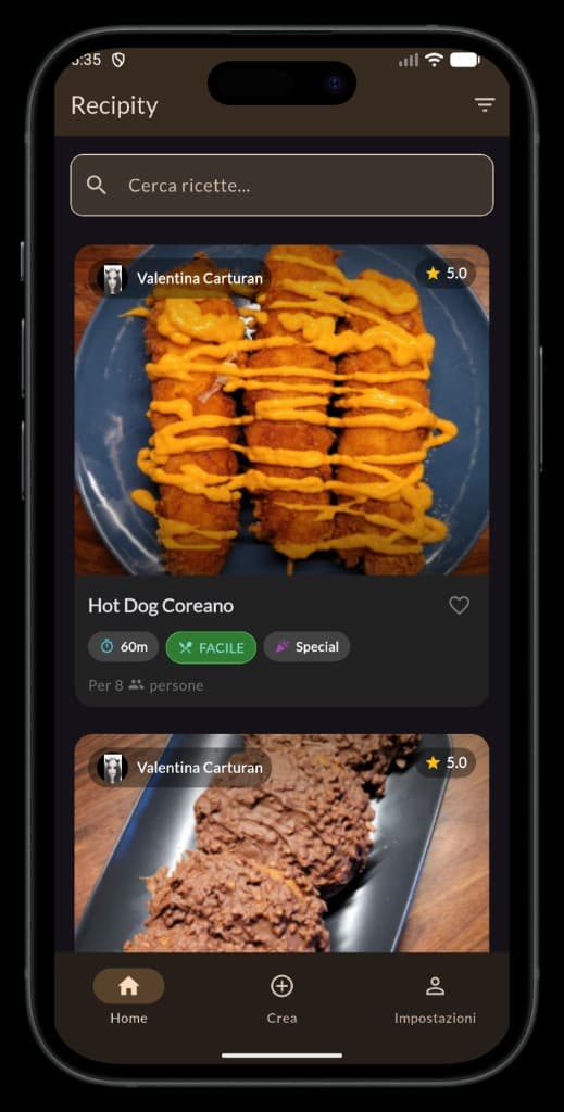 Recipity home feed with recipe cards, search and navigation